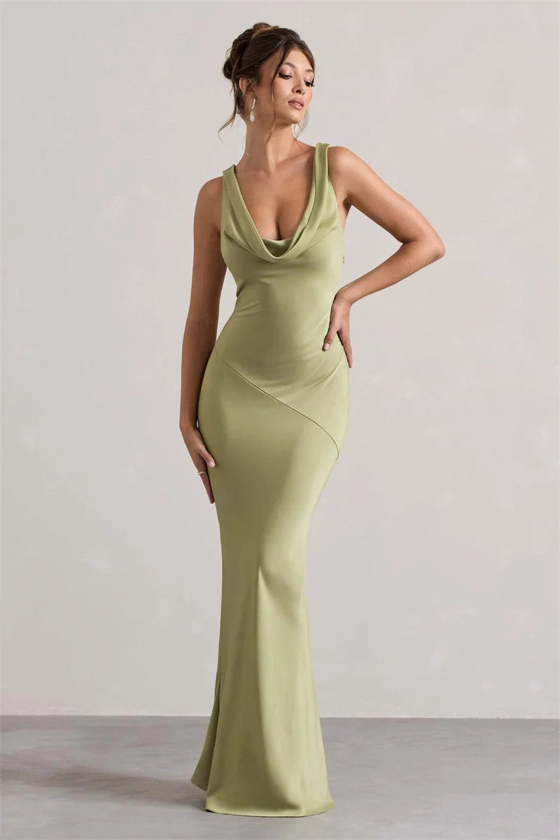 Estella Satin Cowl Neck Maxi Dress Green
