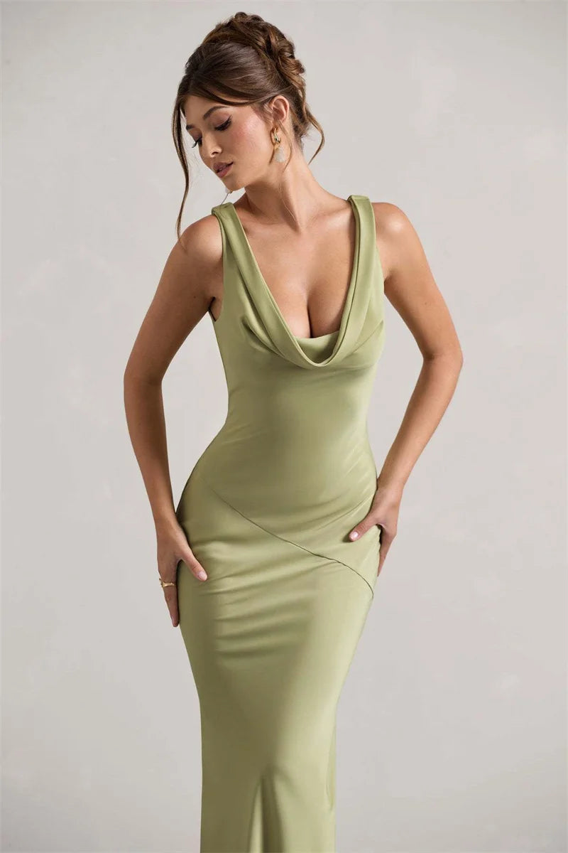 Estella Satin Cowl Neck Maxi Dress Green