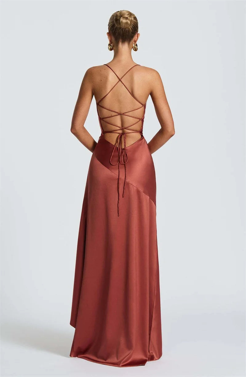 Veronica Satin Dress Tan Red