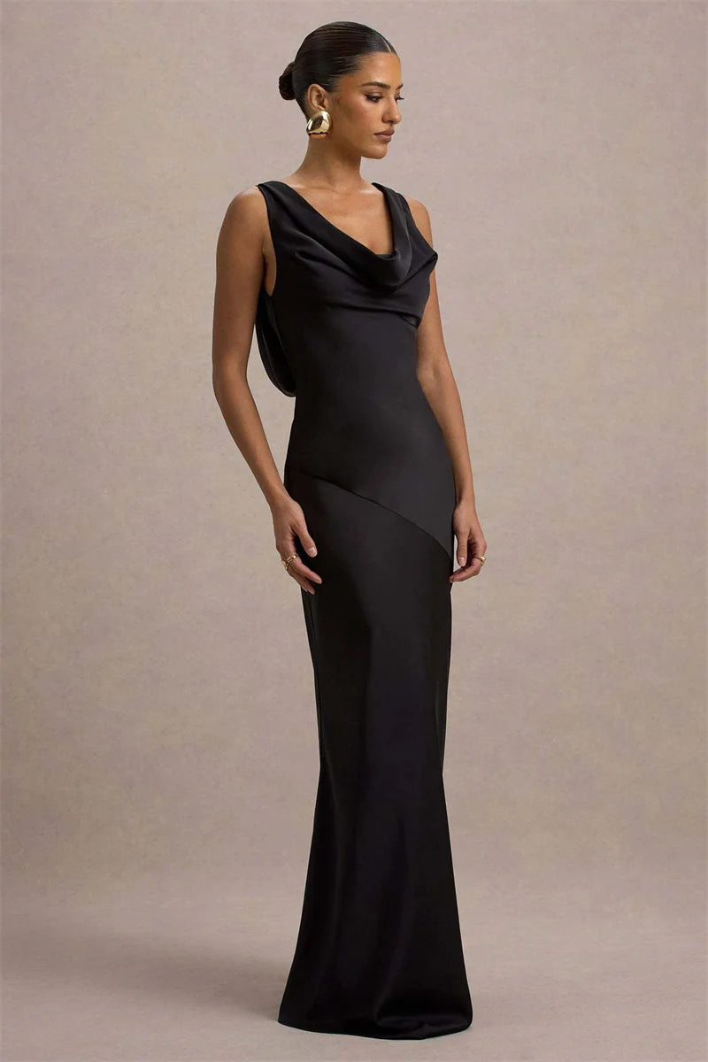 Estella Satin Cowl Neck Maxi Dress Black