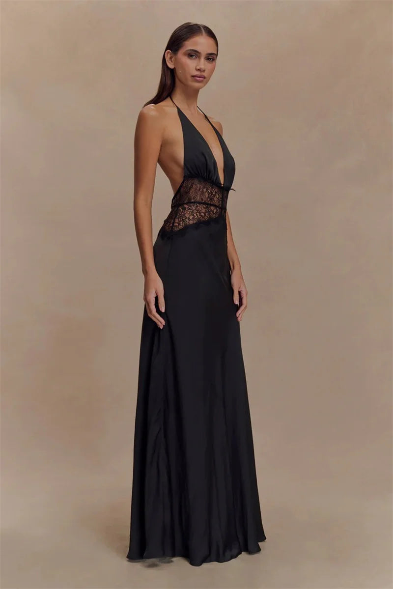 Floresa Summer Backless Maxi Dress Black